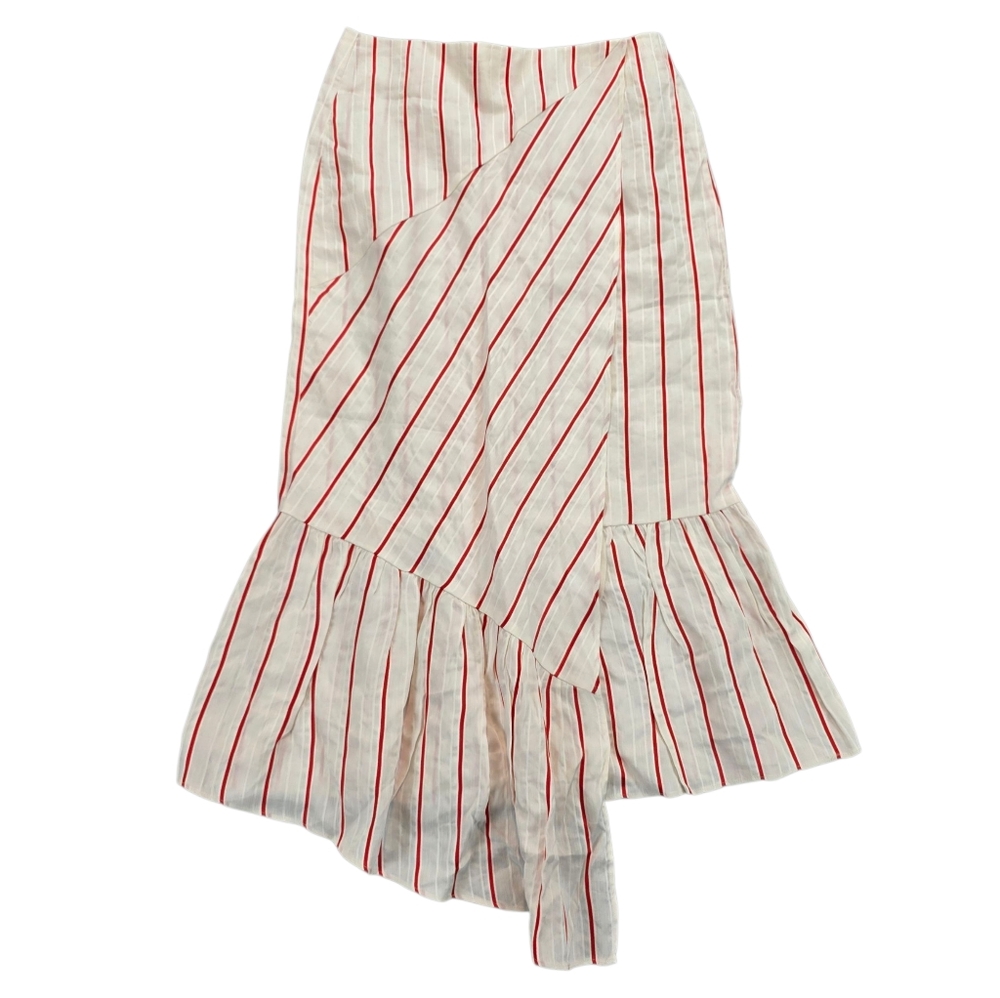 Lewit Faux Wrap Red Poppy Kiev Stripe Linen Blend Asymmetrical Skirt Msrp $299 4